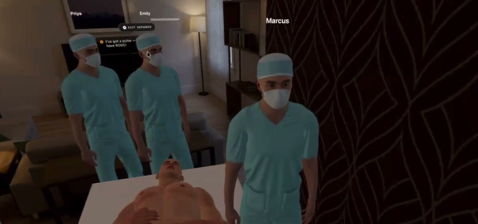 Advanced training with AI teammates around the bed