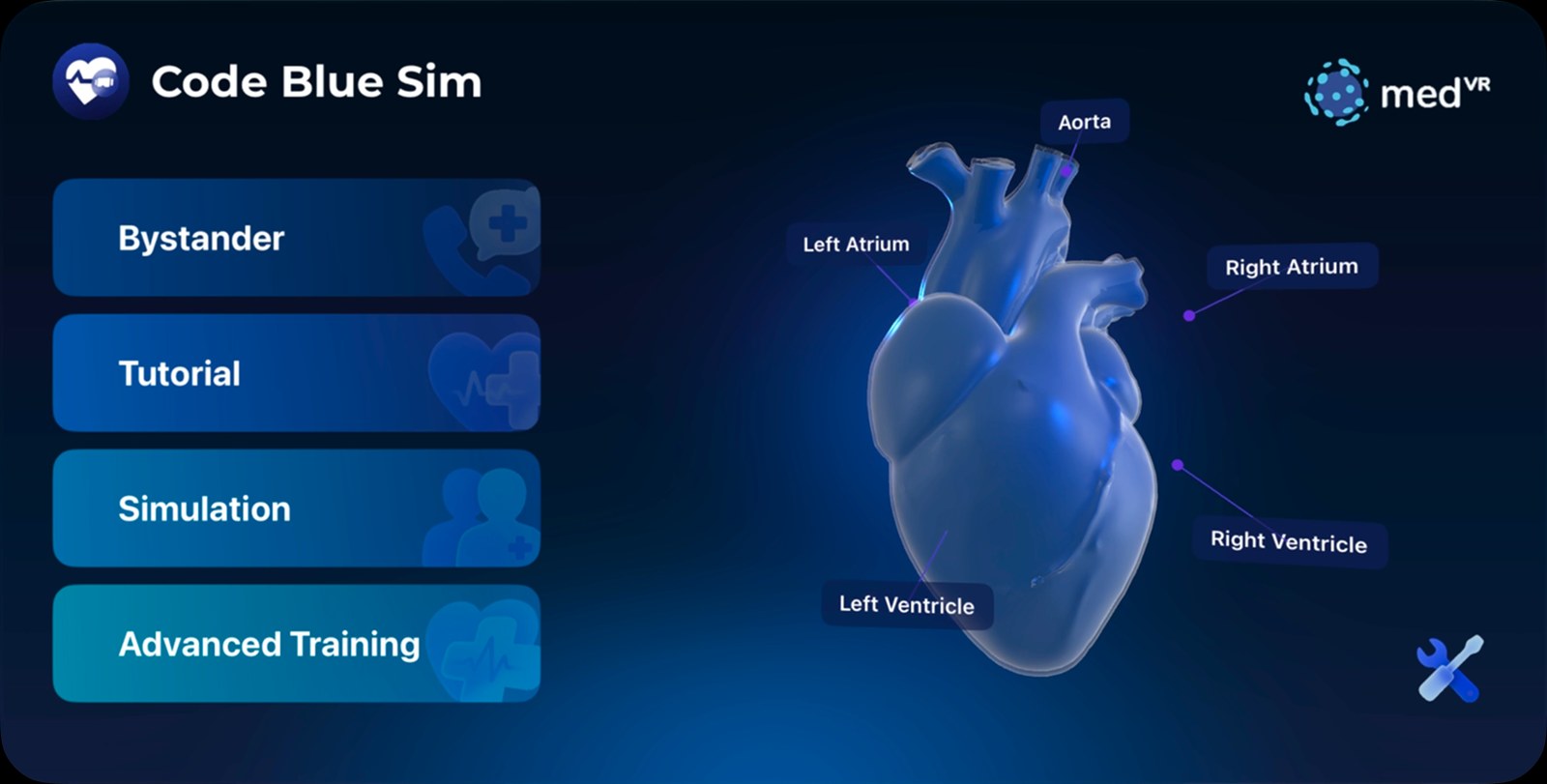 Code Blue Sim main menu with the four training modes and an anatomical heart