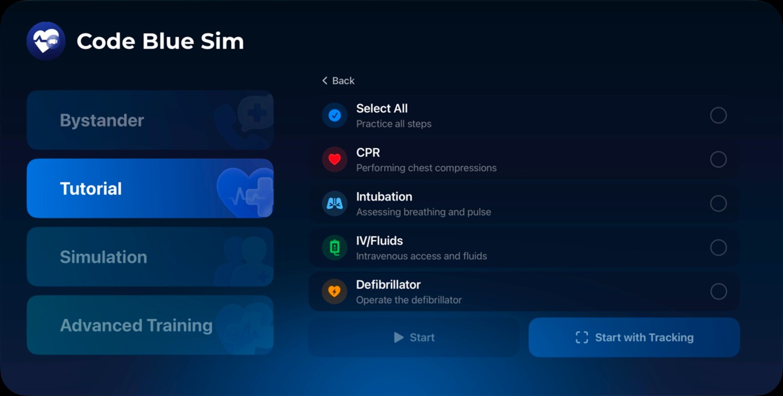 Tutorial mode with a checklist of skills to practise