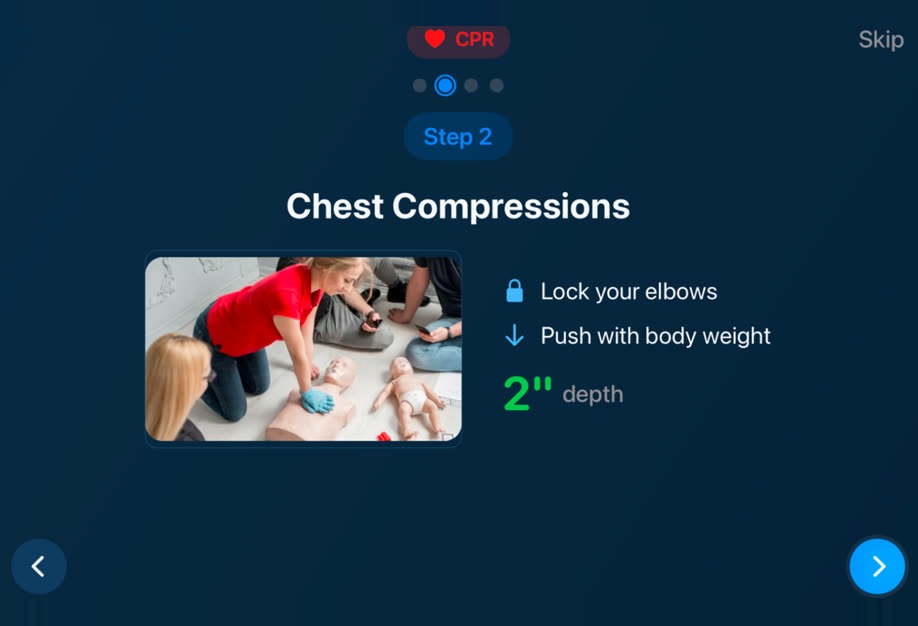 Step 2 — chest compressions: lock elbows, push with body weight, two inches deep