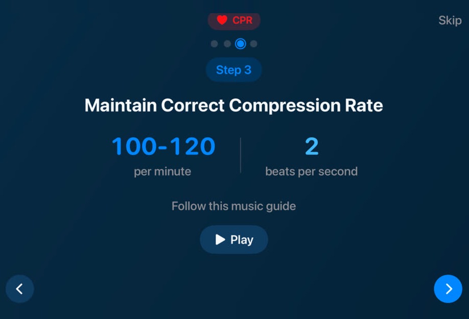 Step 3 — maintain 100 to 120 compressions per minute with a music guide