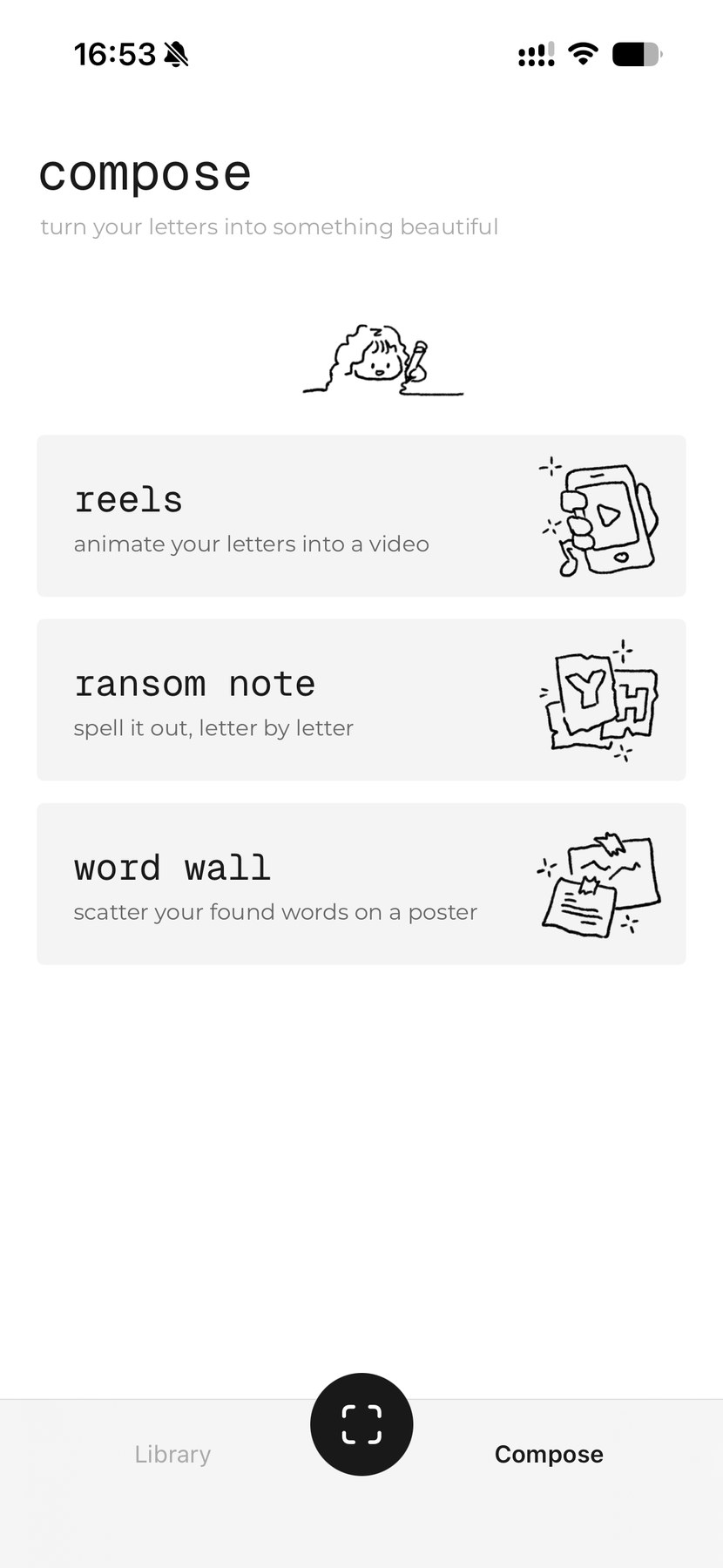FoundType — compose mode picker offering reels, ransom note and word wall