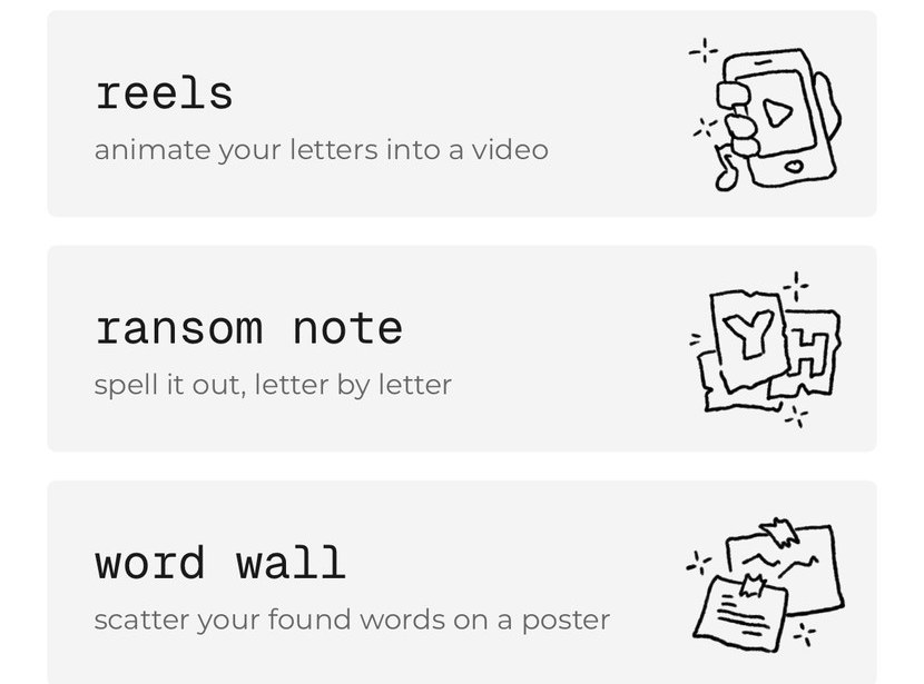 Compose detail — the three export modes listed as reels, ransom note and word wall, each with a hand-drawn illustration