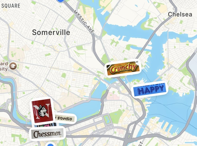 Map detail — collected letters pinned as thumbnails across Somerville and Boston