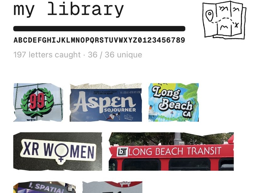 Library detail — the A to Z progress bar reading 197 letters caught, 36 of 36 unique, above the first rows of collected letters