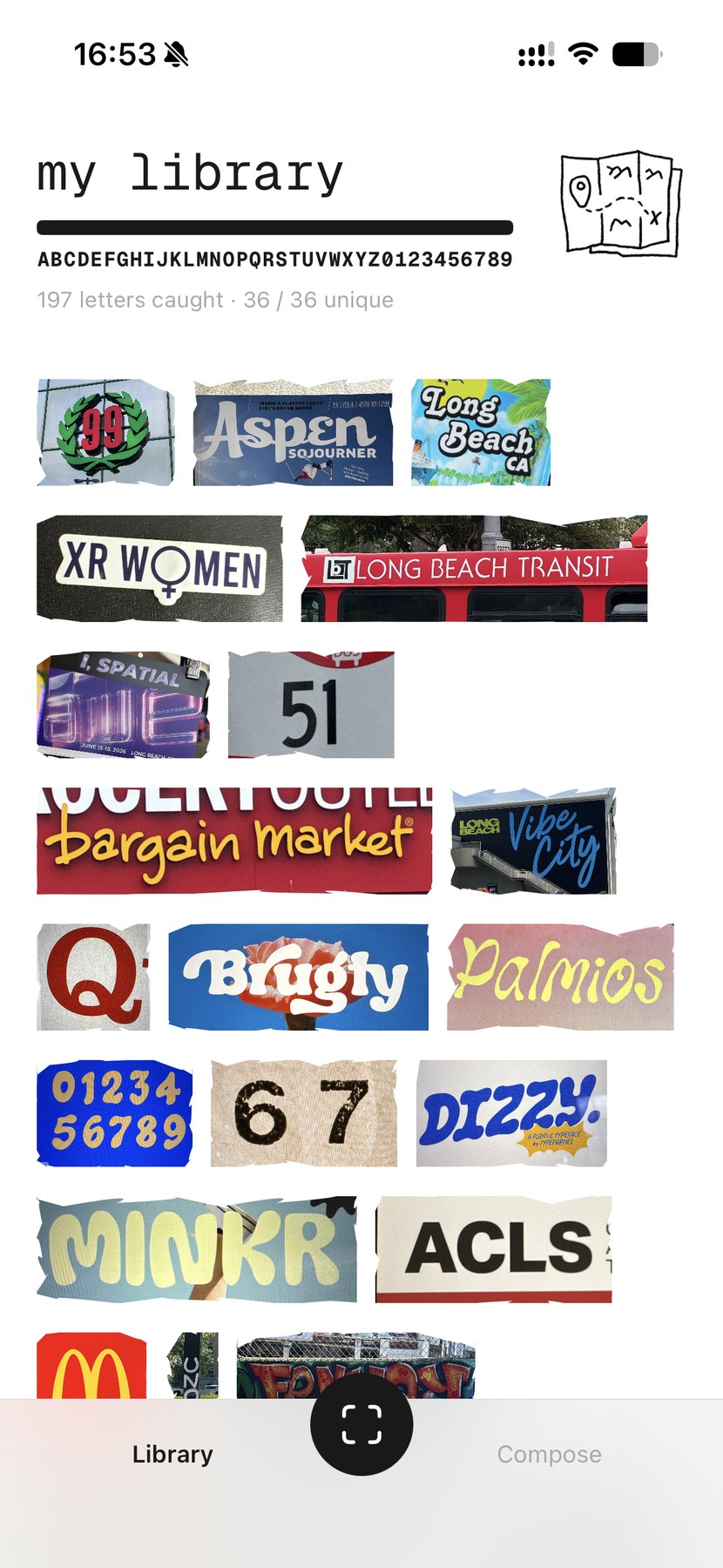 FoundType — my library, a full A to Z set caught across 197 letters, shown as a grid of found words