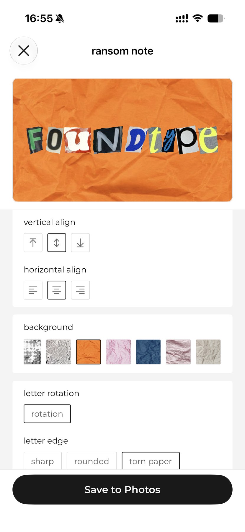 FoundType — ransom note composer spelling a word from cut-out letters, with align, background and letter edge controls