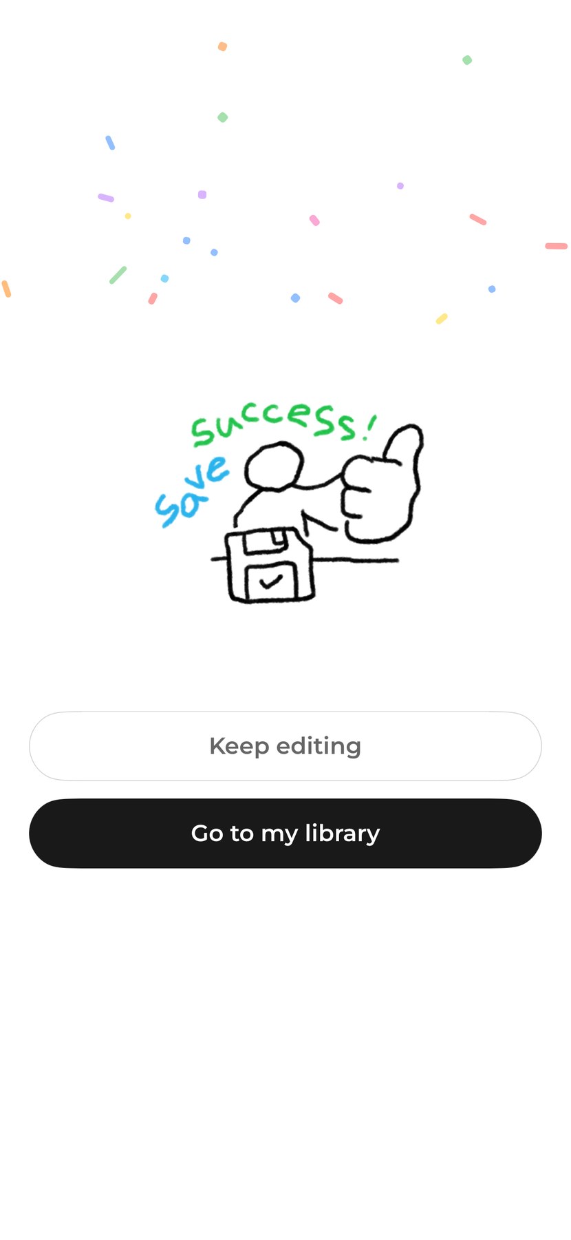 FoundType — save confirmation with confetti, a hand-drawn illustration and a route back to the library