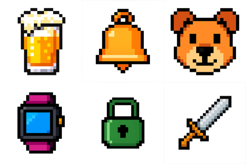 A six-icon reference grid generated for the Pixel Art style: beer glass, bell, dog, smartwatch, padlock and sword