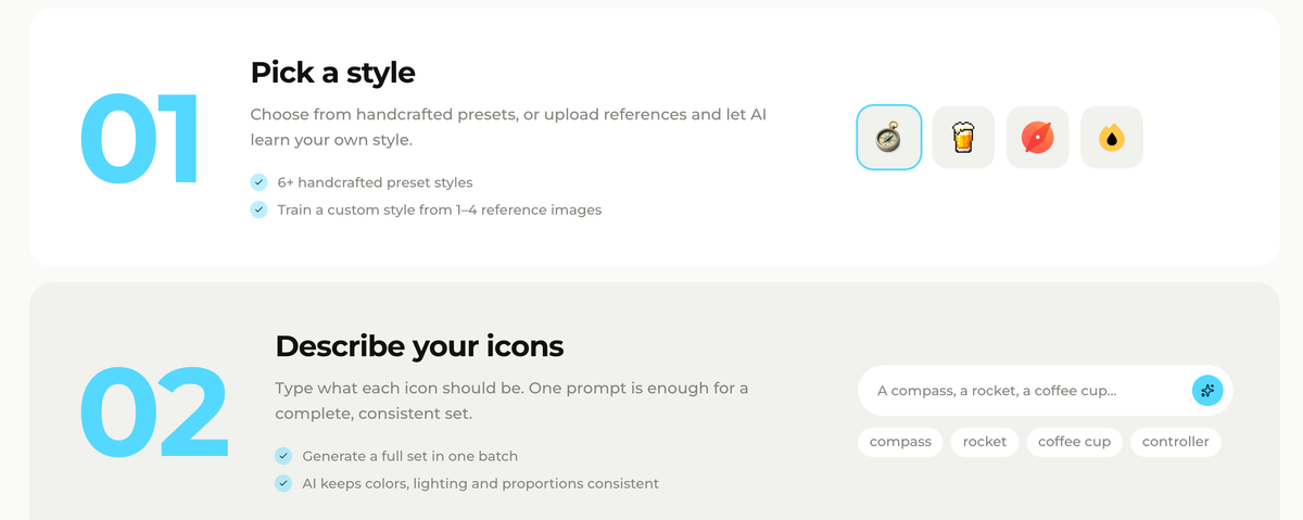 Icovela's How it works section: step 01 is Pick a style, step 02 is Describe your icons