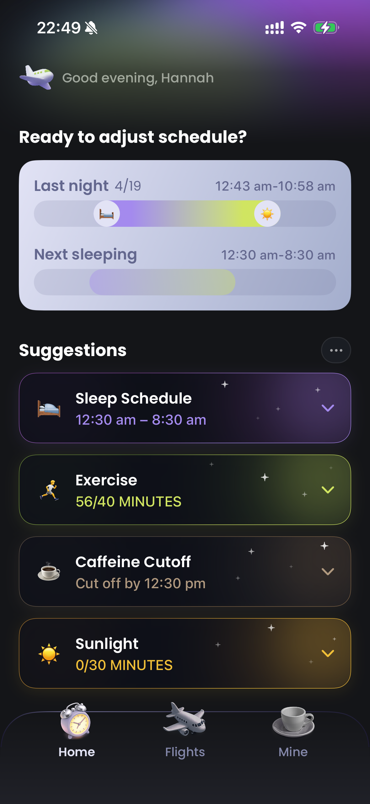 Home dashboard with AI suggestion cards