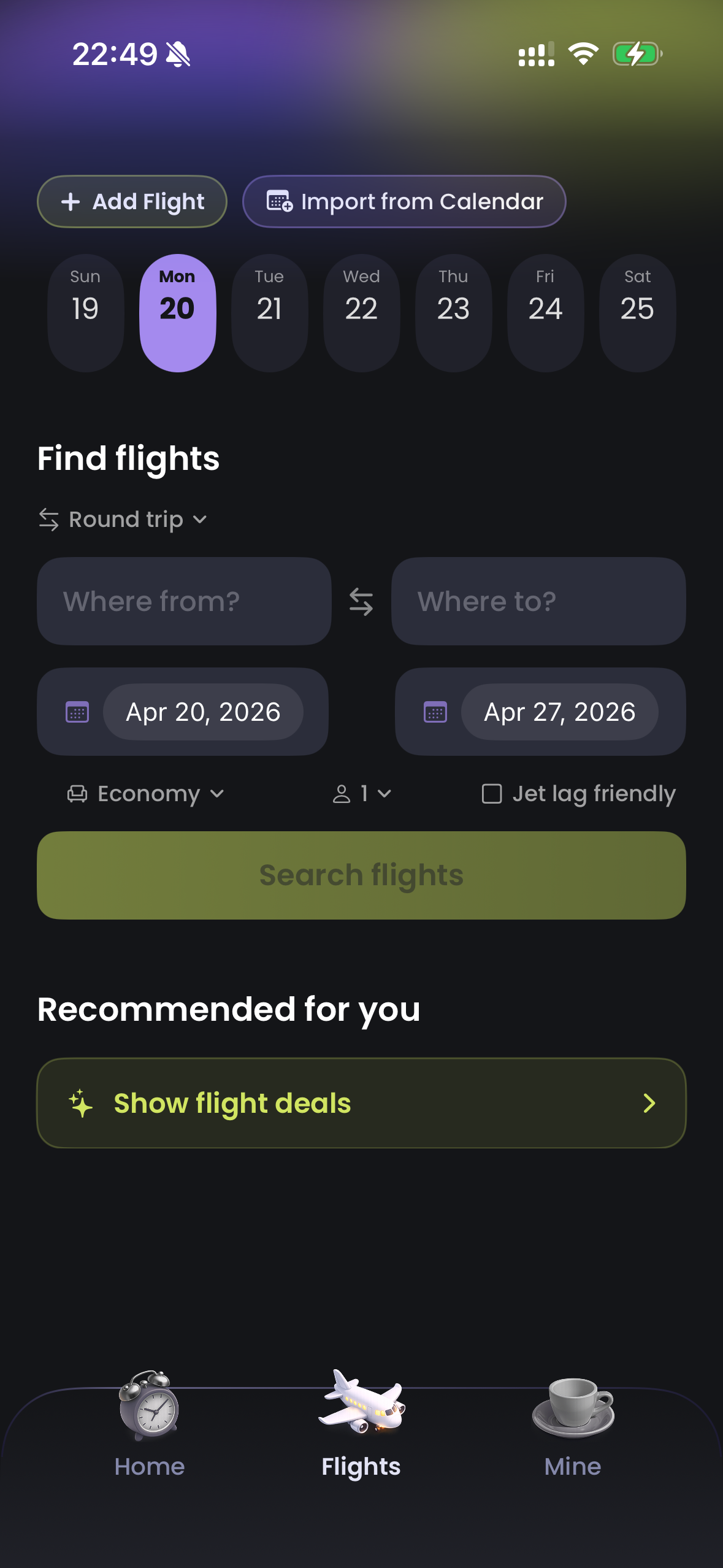 Flight search interface