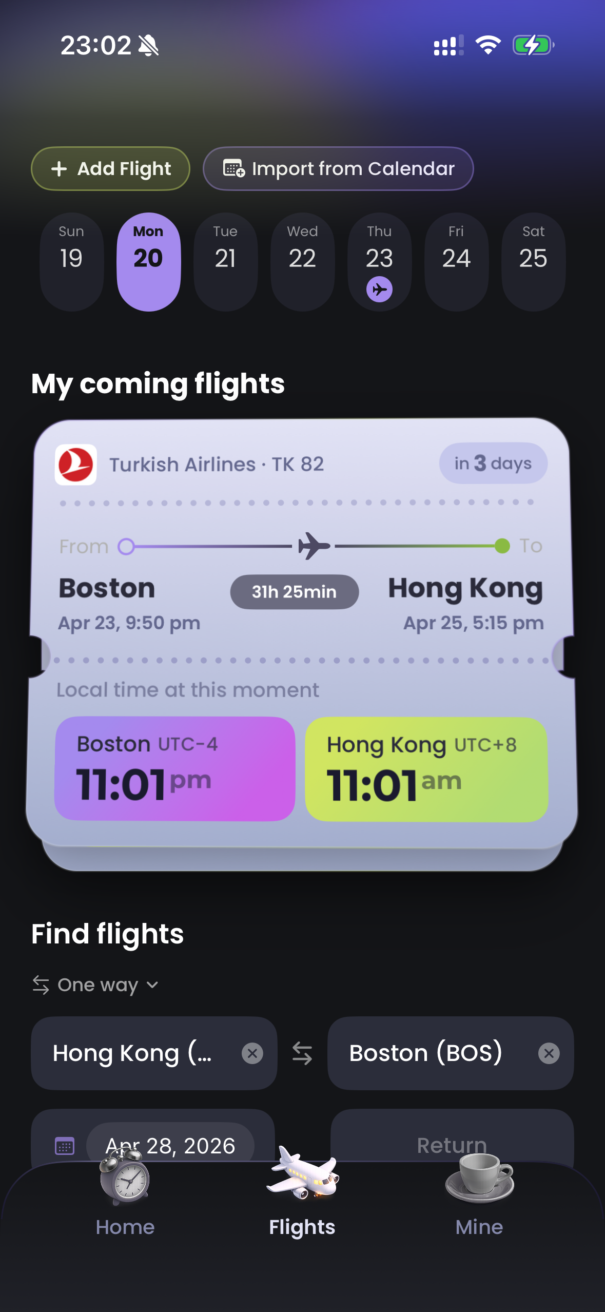 Flight card with dual timezone clocks