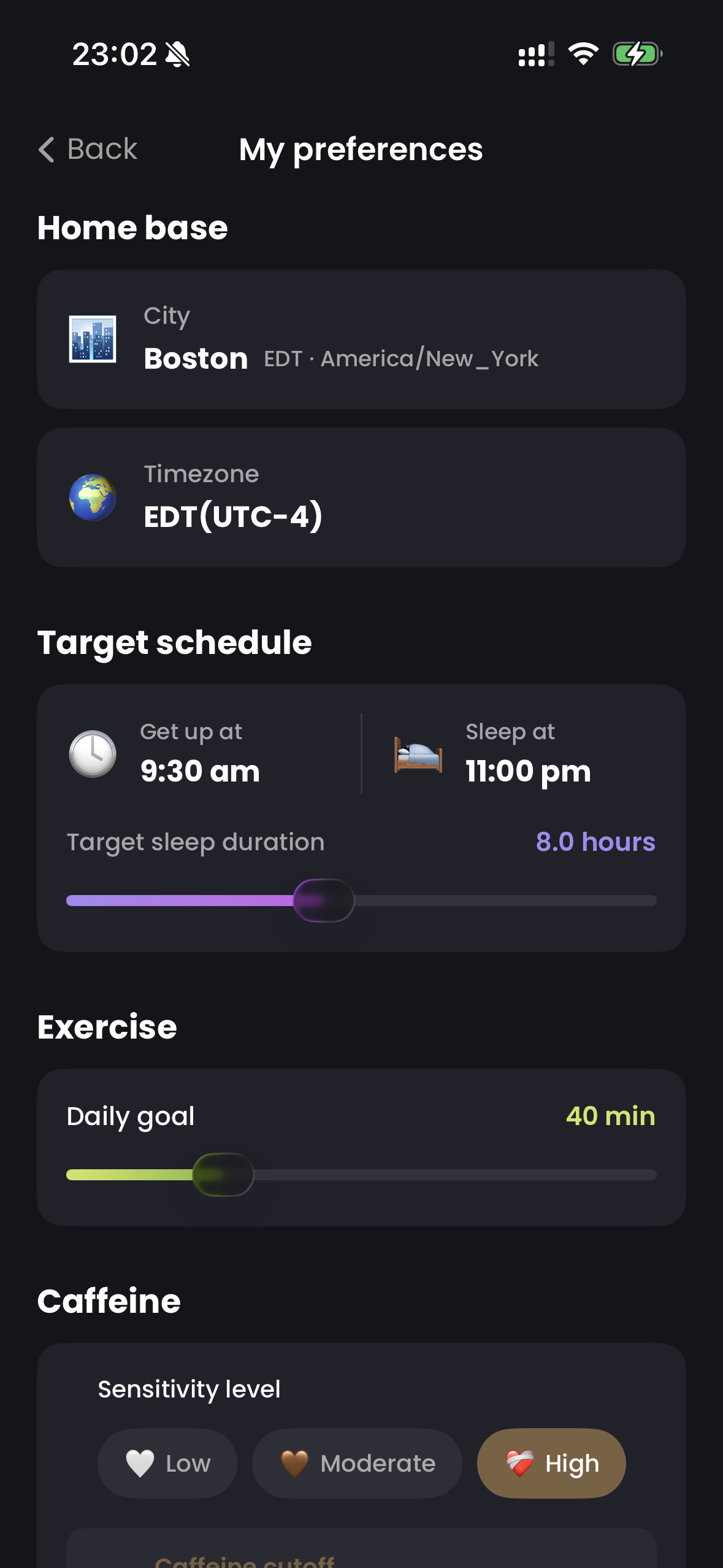 User preferences and schedule settings